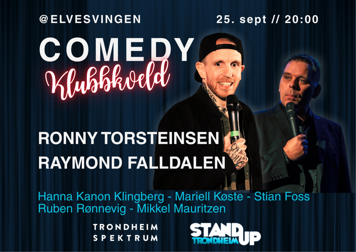Arrangementsplakat med bilde og navn på komikere