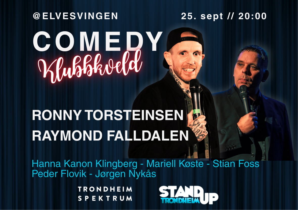 Arrangementsplakat med bilde og navn på komikere