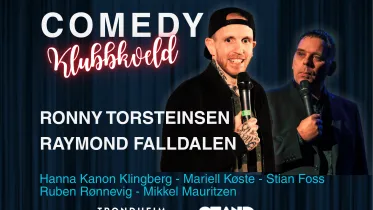 Arrangementsplakat med bilde og navn på komikere