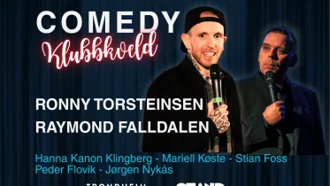Arrangementsplakat med bilde og navn på komikere